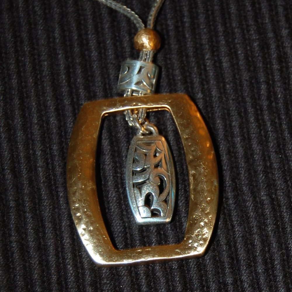 BRIGHTON Silver /Gold Tone Necklace W/Rectangular Medallion 11" Long